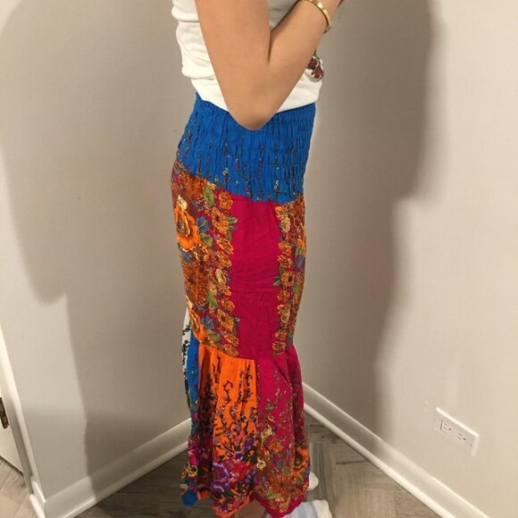 KATHMANDU IMPORTS Boho Flared Patchwork Floral Smocked Crop Pants Small/Medium - Picture 2 of 6